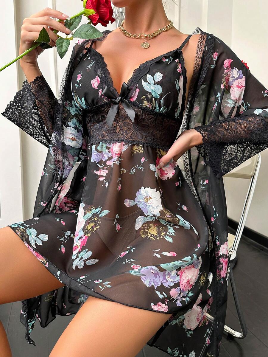 Babydoll Renda Floral + Robe