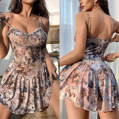 Babydoll Cáqui Floral Verão Lingerie