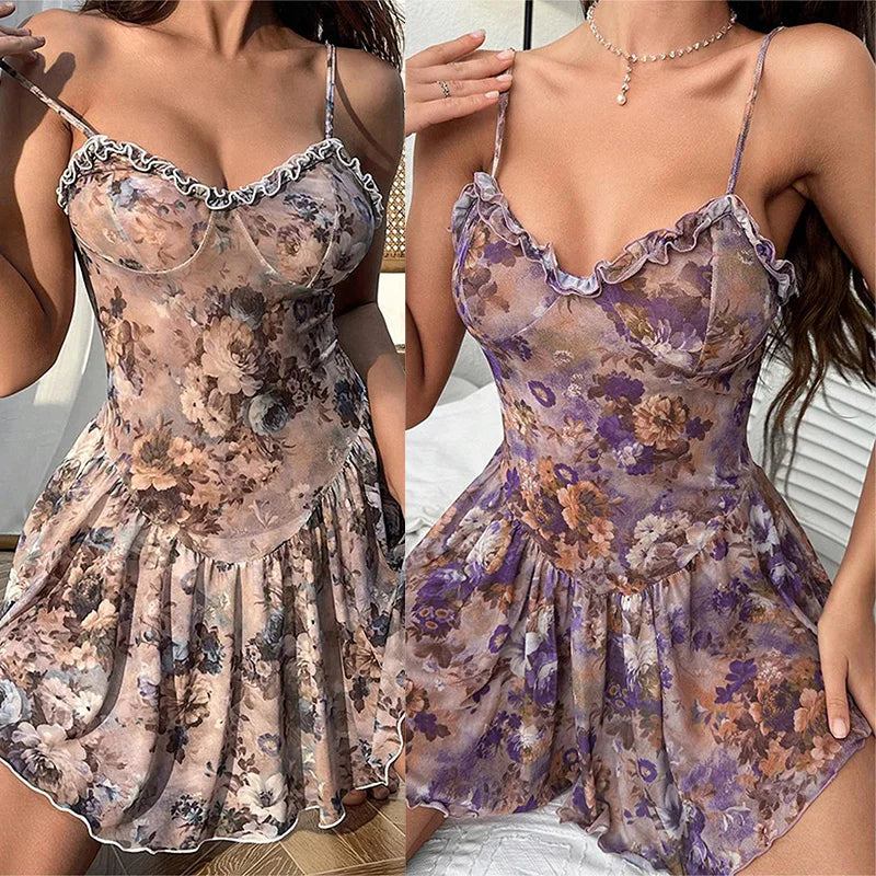 Babydoll Cáqui Floral Verão Lingerie