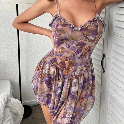 Babydoll Cáqui Floral Verão Lingerie